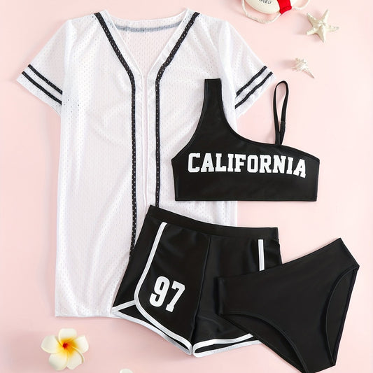 Girls Bikini Swimsuit 4pcs Set Cami Top, Shorts, Briefs & Cardigan