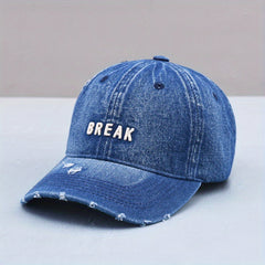 Distressed Embroidered Baseball Cap Washed Denim Sun Hat