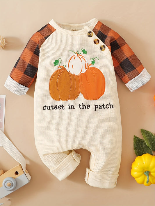 Baby Boy Halloween Plaid Pumpkin Embroidered Romper Outfit