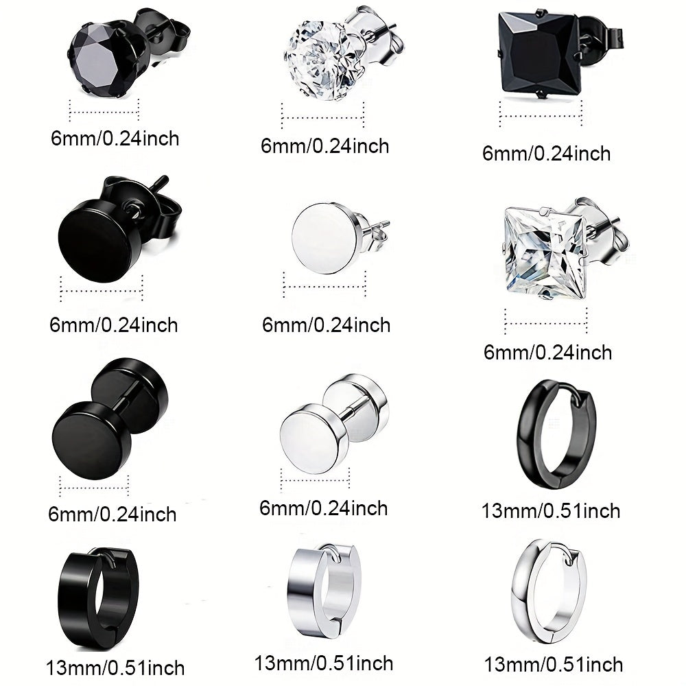 12pairs Steel Ear Studs Unisex Earrings Men Women