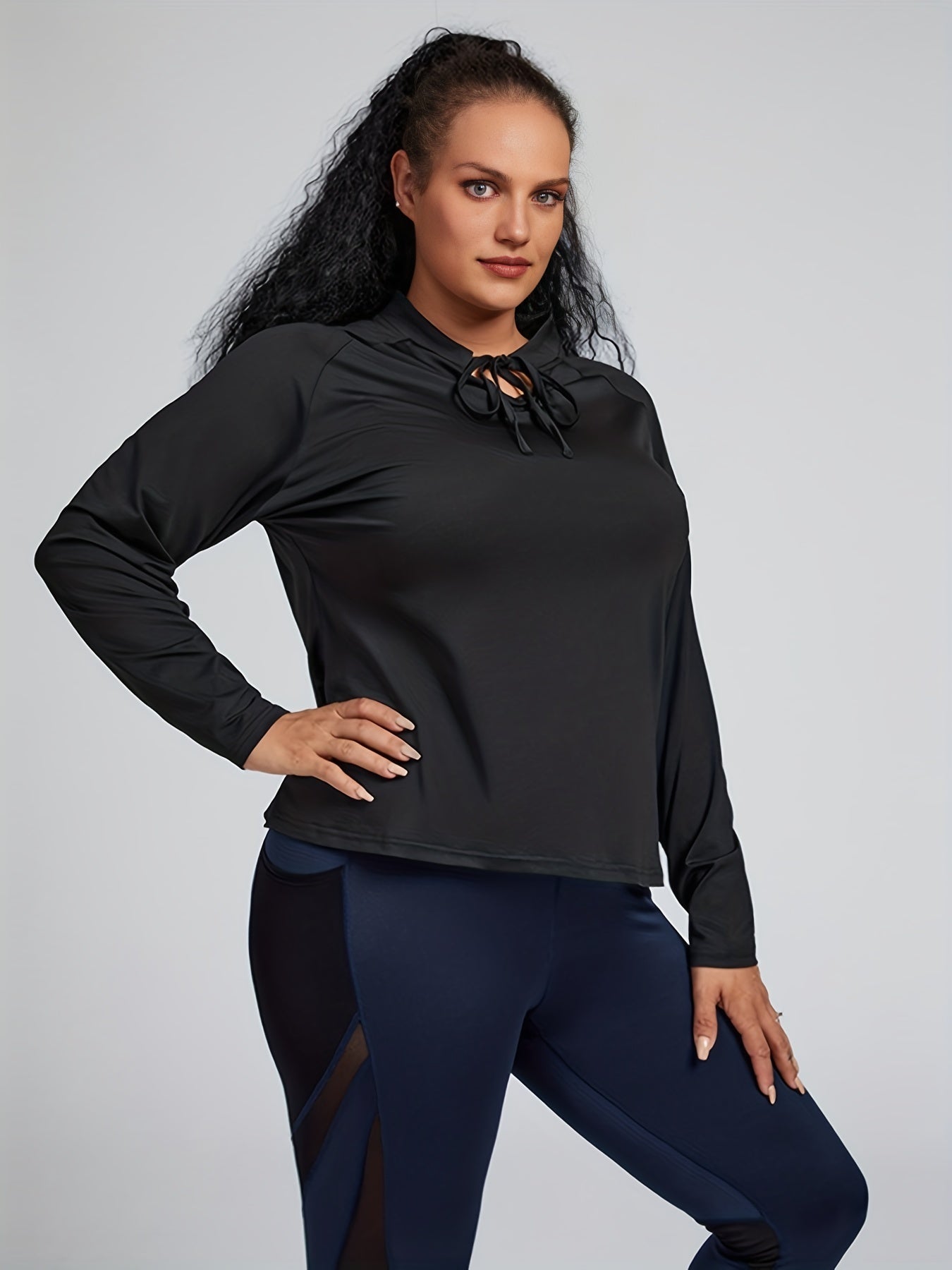  Solid Long Sleeve Quick Drying Keyhole Tie Top