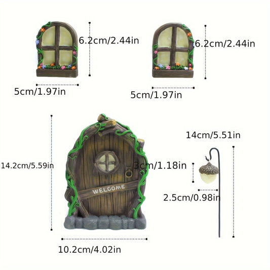 4pcs Fairy Welcome Door and Window Lamps Set Resin Fairy and Gnome House