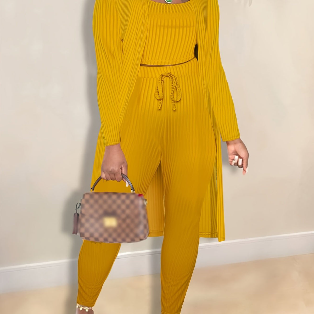  Solid Ribbed Knit Cardigan & Top & Pants Set