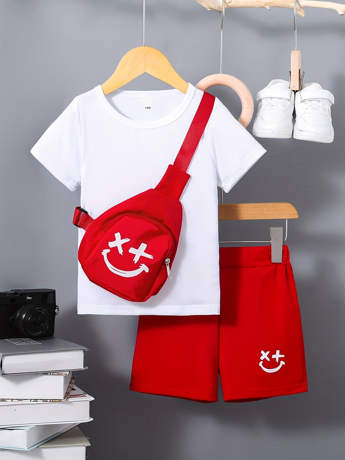 3pcs Boys Casual Short Sleeve T shirt & Shorts Set + Crossbody Bag