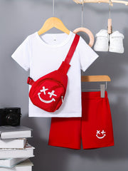 3pcs Boys Casual Short Sleeve T shirt & Shorts Set + Crossbody Bag