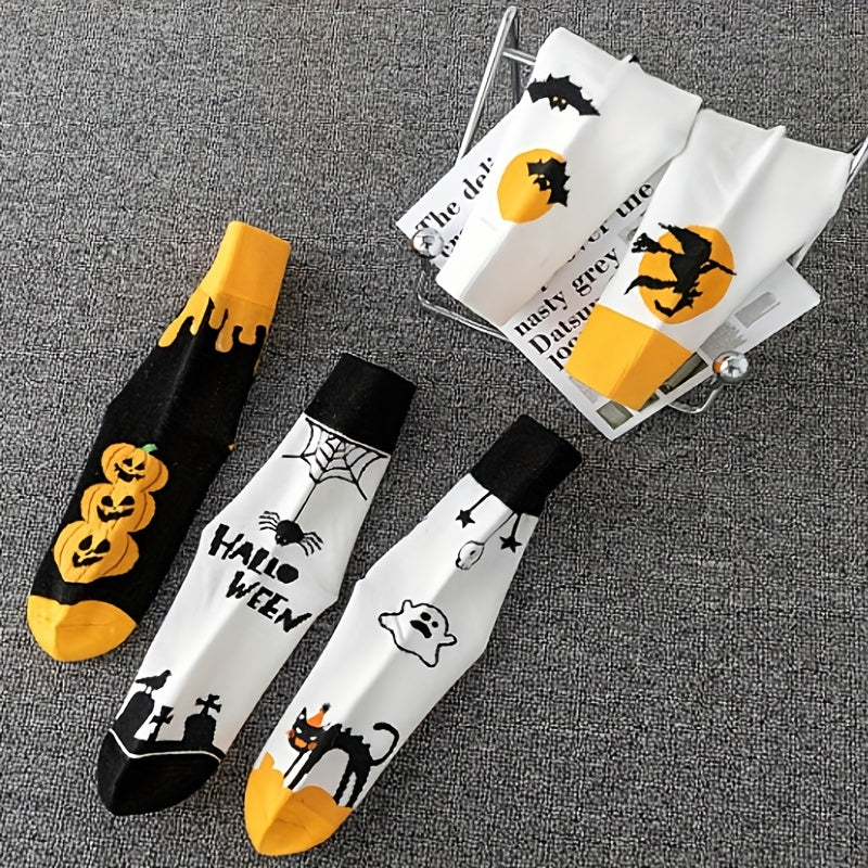 5 Pairs Ghost & Bat Print Socks Halloween Mid Tube Socks Women's Stockings