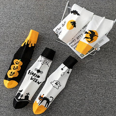5 Pairs Ghost & Bat Print Socks Halloween Mid Tube Socks Women's Stockings