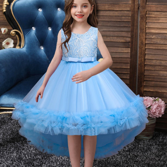 Girls Puffy Tail Princess Dress Bow Embroidery Tulle Tutu