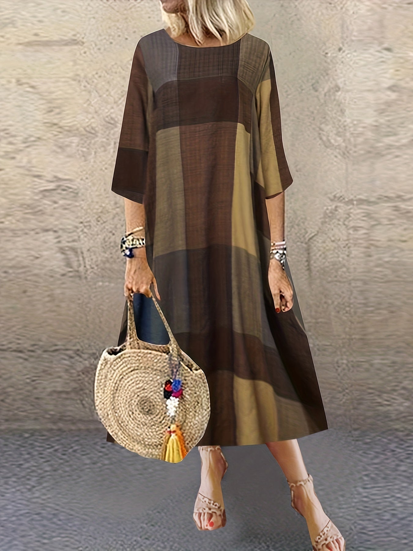 Colorblock Print Half Sleeve Round Neck Stretch Dress