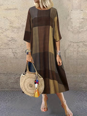  Colorblock Print Half Sleeve Round Neck Stretch Dress