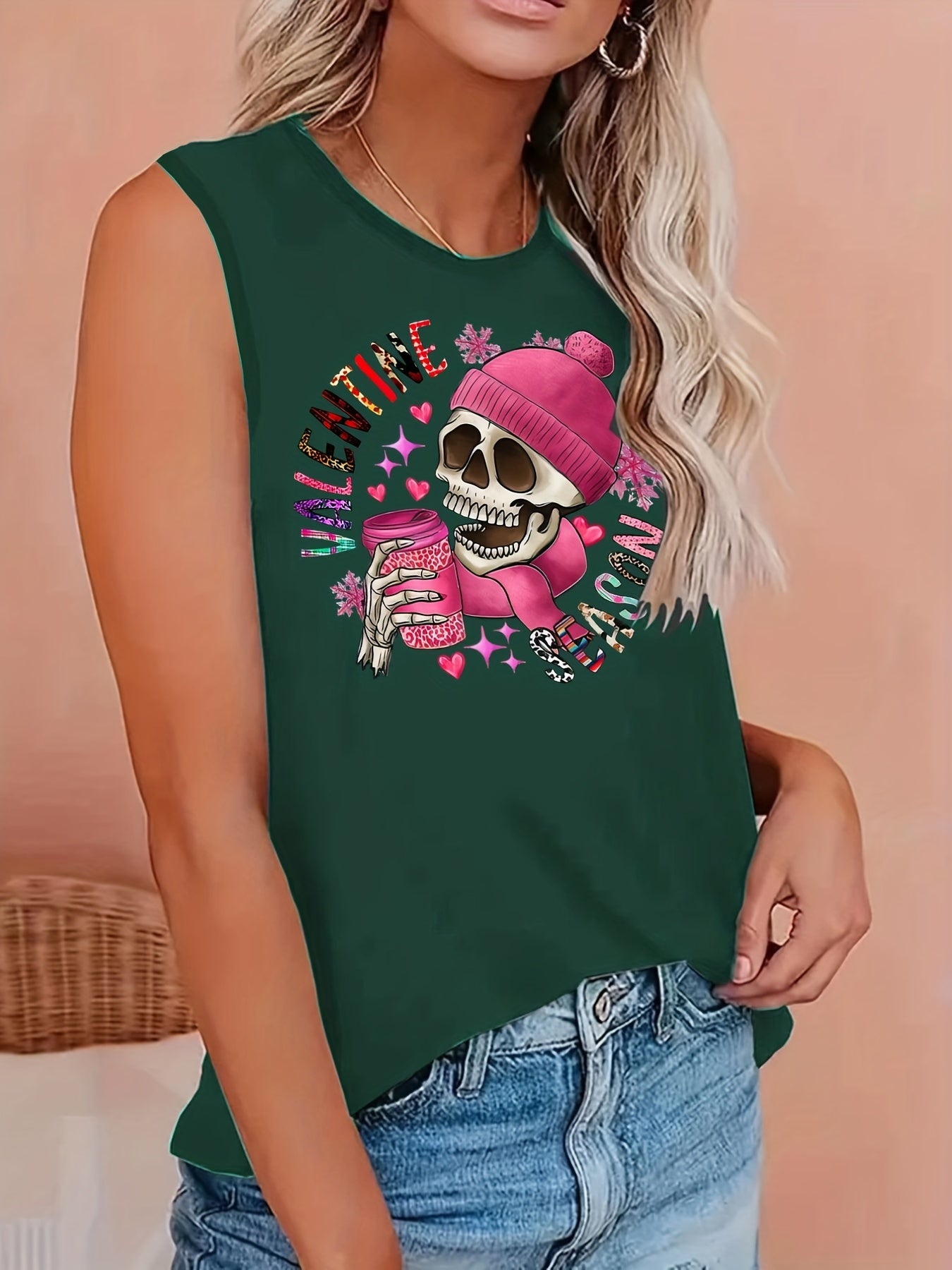  Skull Print Round Neck Tank Top