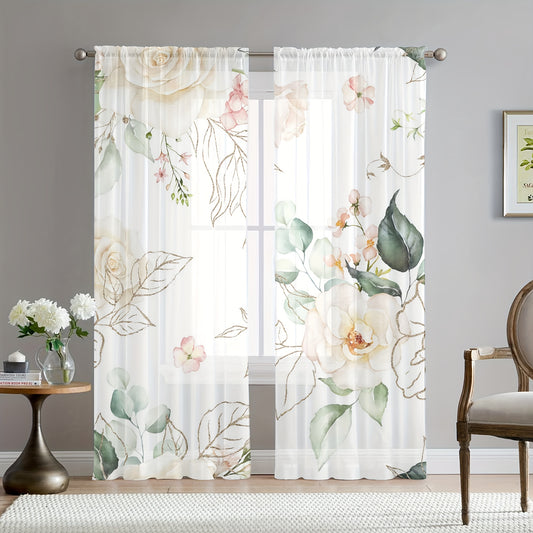 Rose Pattern Sheer Curtain Rod Pocket for Home Decor