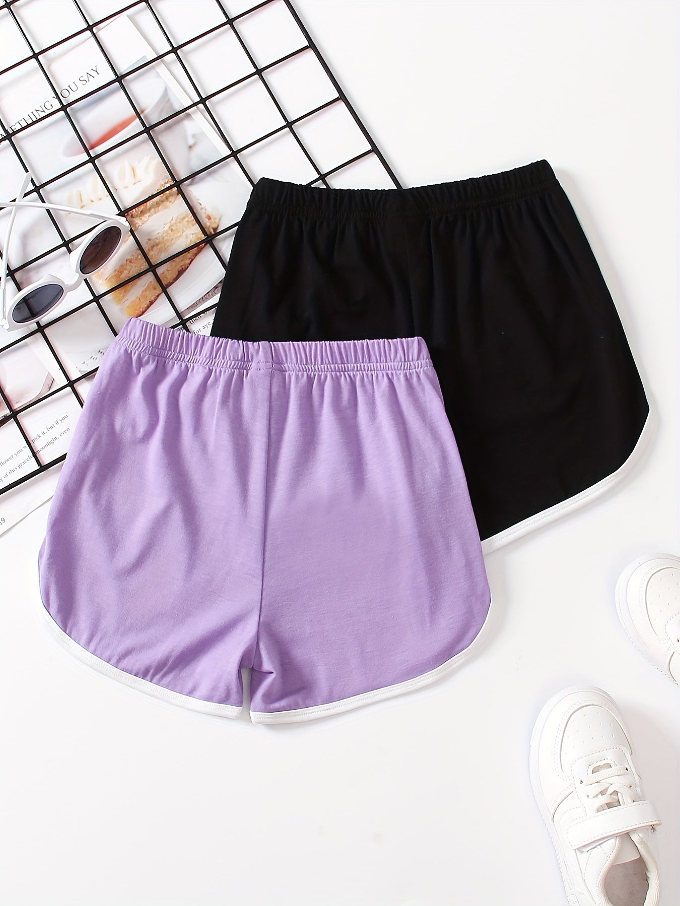 2pcs Girls' Contrast Binding Sports Shorts Set For Yoga Outfit