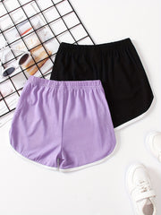 2pcs Girls' Contrast Binding Sports Shorts Set For Yoga Outfit