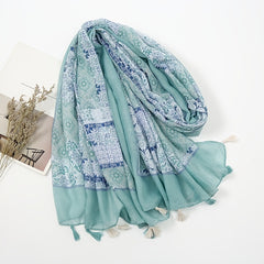 Tassel Scarf Floral Printed Warm Scarf Long Lightweight Scarf
