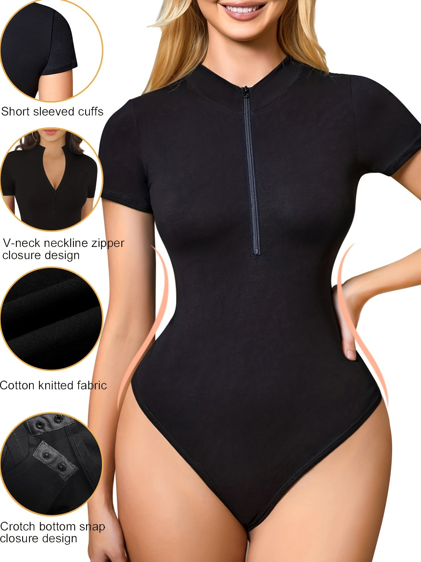 Short Sleeve Shaping Bodysuit Tummy Control Slimmer Zip Up Body Shaper