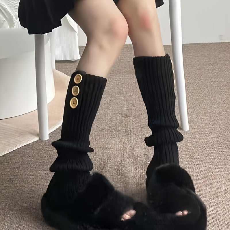 Solid Knitted Leg Warmers with Buttons Decor Knee High Socks Women's Stockings