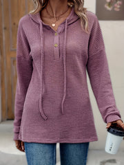 Drawstring Hooded Button Sweater Casual Solid Color