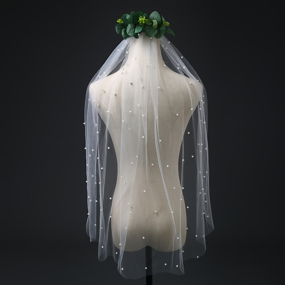 Bridal Pearl Veil Fingertip Length Tulle Wedding Decoration
