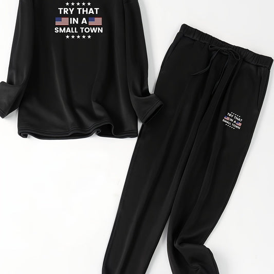 Lounge Set Flag & Slogan Print Fleece Top & Joggers 2PC Set