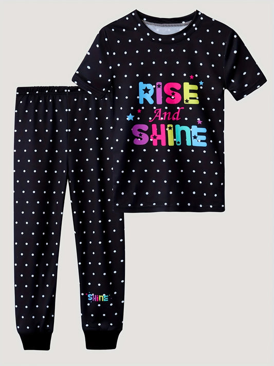 Kid's Polka Dots Pajama Set Short Sleeve Top & Pants Cartoon Animal Loungewear