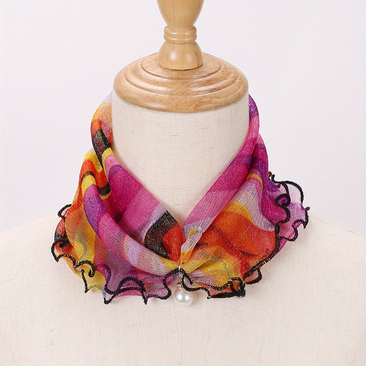 Ruffles Neck Gaiter Loop Scarf Faux Pearl Decor Warm Infinity Scarves