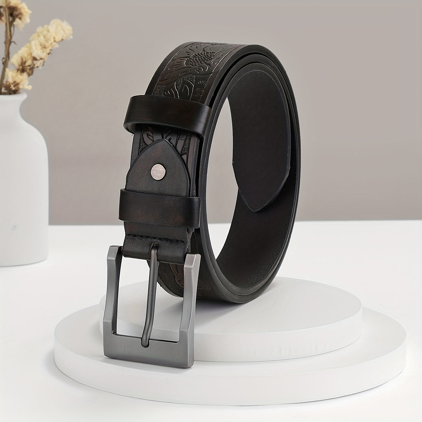 Embossed Leather Belt Retro Casual Belt Men