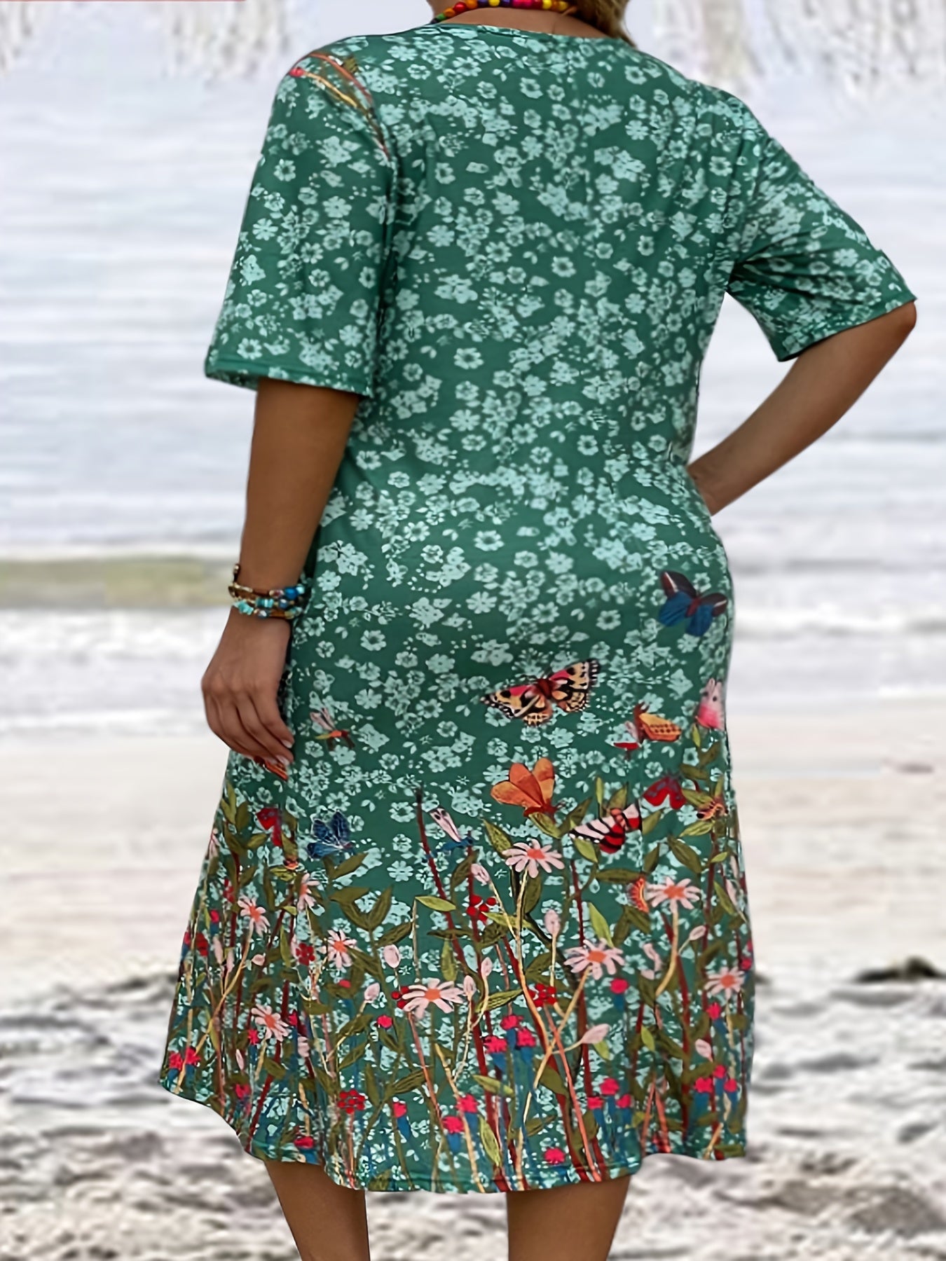 Floral & Butterfly Print Tee Dress With Pockets