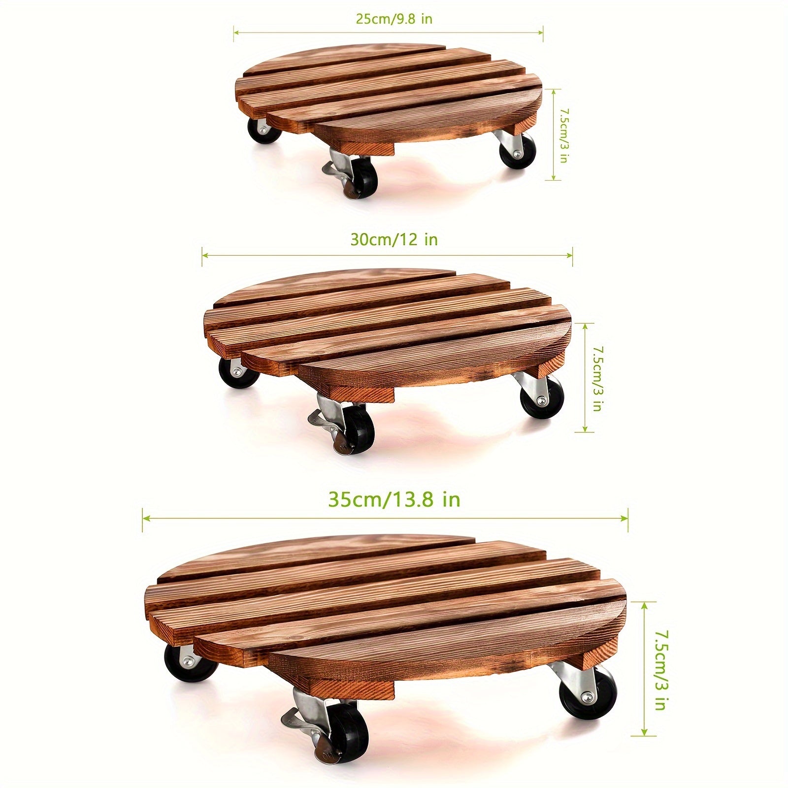 Wooden Plant Caddy Stand w/ Wheels 35cm - Heavy Duty Round Dolly Rollers