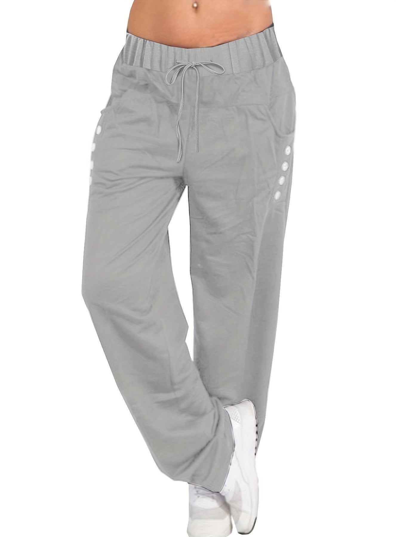  Solid Button Decor Drawstring Pants