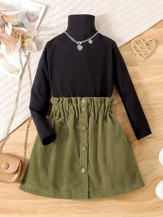 Girl's 2pcs Turtleneck Top & Corduroy Skirt Set