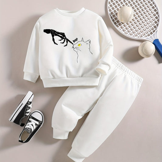 Skull Kitty Graphic Halloween Outfit Baby Boy Casual Set