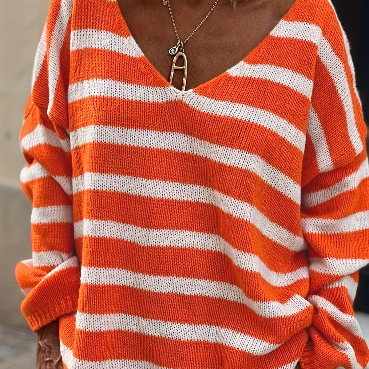 Women's Plus Stripe Print V-Neck Sweater
