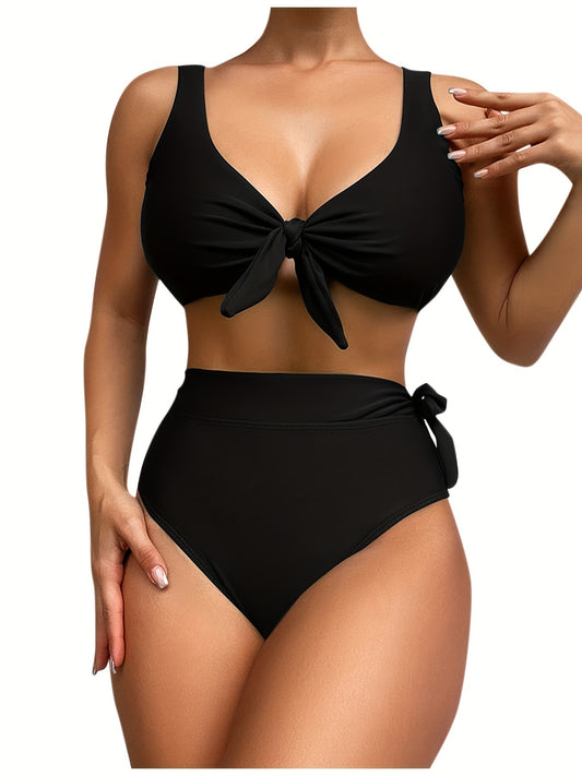Bowknot Decor Swim Briefs High Strech Knot Solid Bikini Bottoms