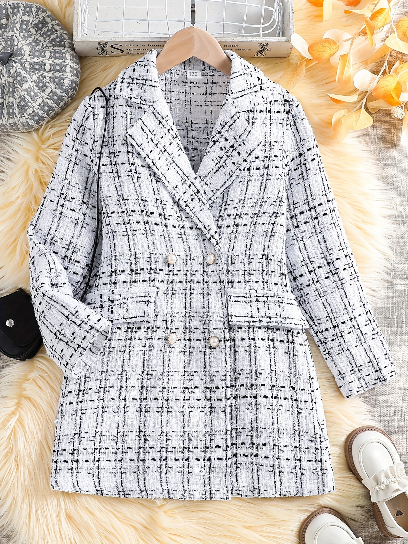 Girls' Lapel Tweed Jacket Double Breasted Sweet Overcoat Jackets