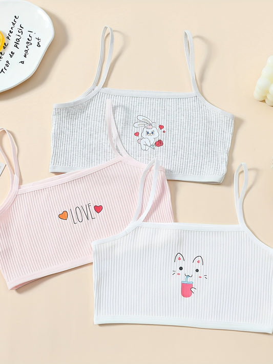 3pcs Girl's Elastic Soft Bras Cartoon Graphic Undershirts Set For 9-14 Years