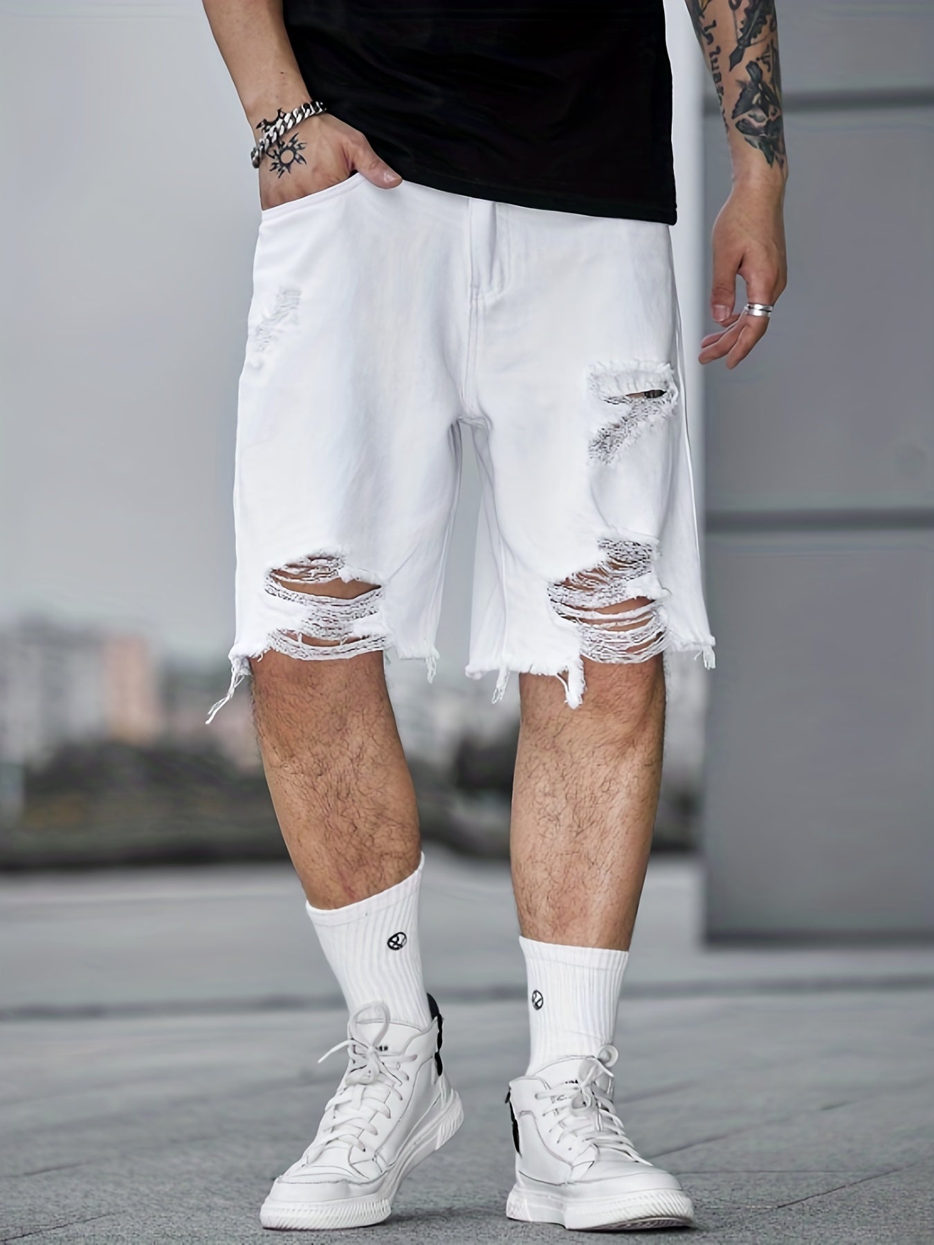 Men's Distressed Denim Shorts Casual Street Style