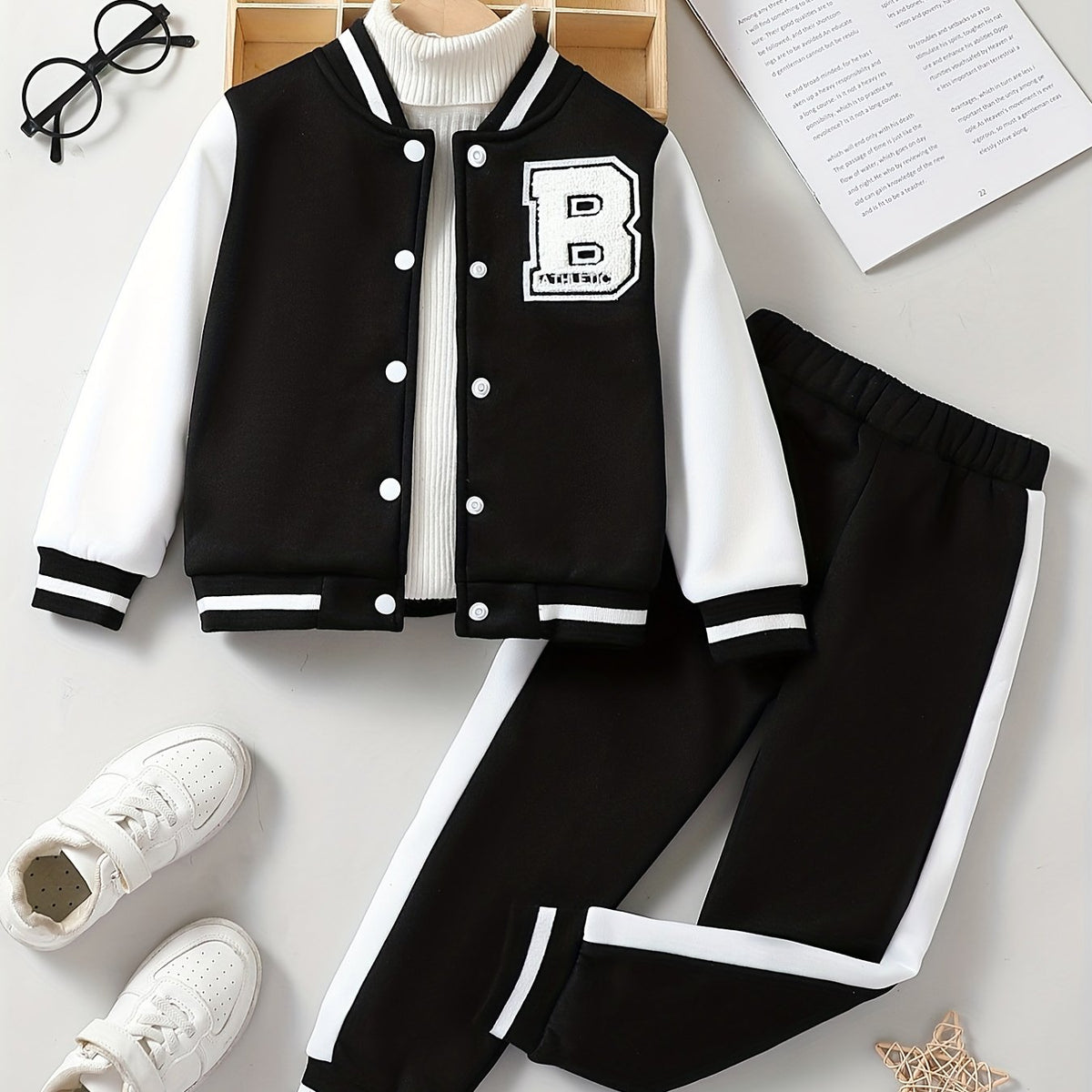 Boy's 2pcs Baseball Jacket & Sweatpants Set Letter B Print Top Outfit