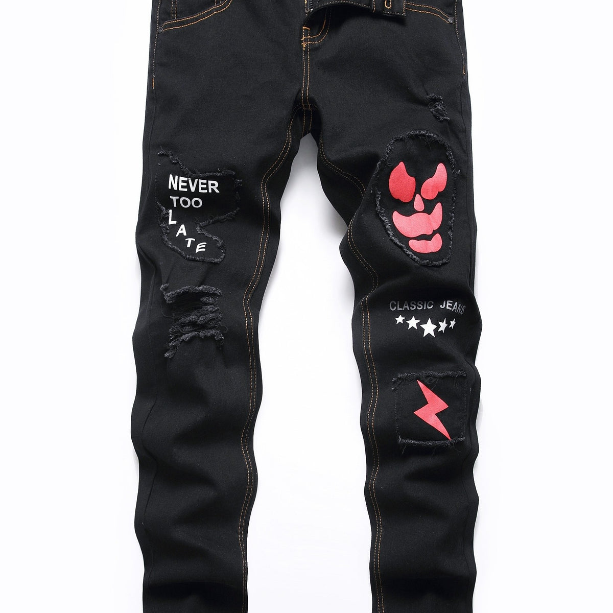Boys Ghost Face Ripped Jeans Slim Fit Washed Denim Pants