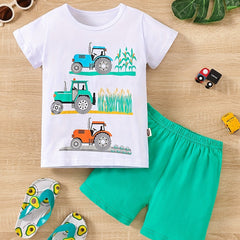 Boys Tractors Print T-shirt & Shorts Summer Outfit