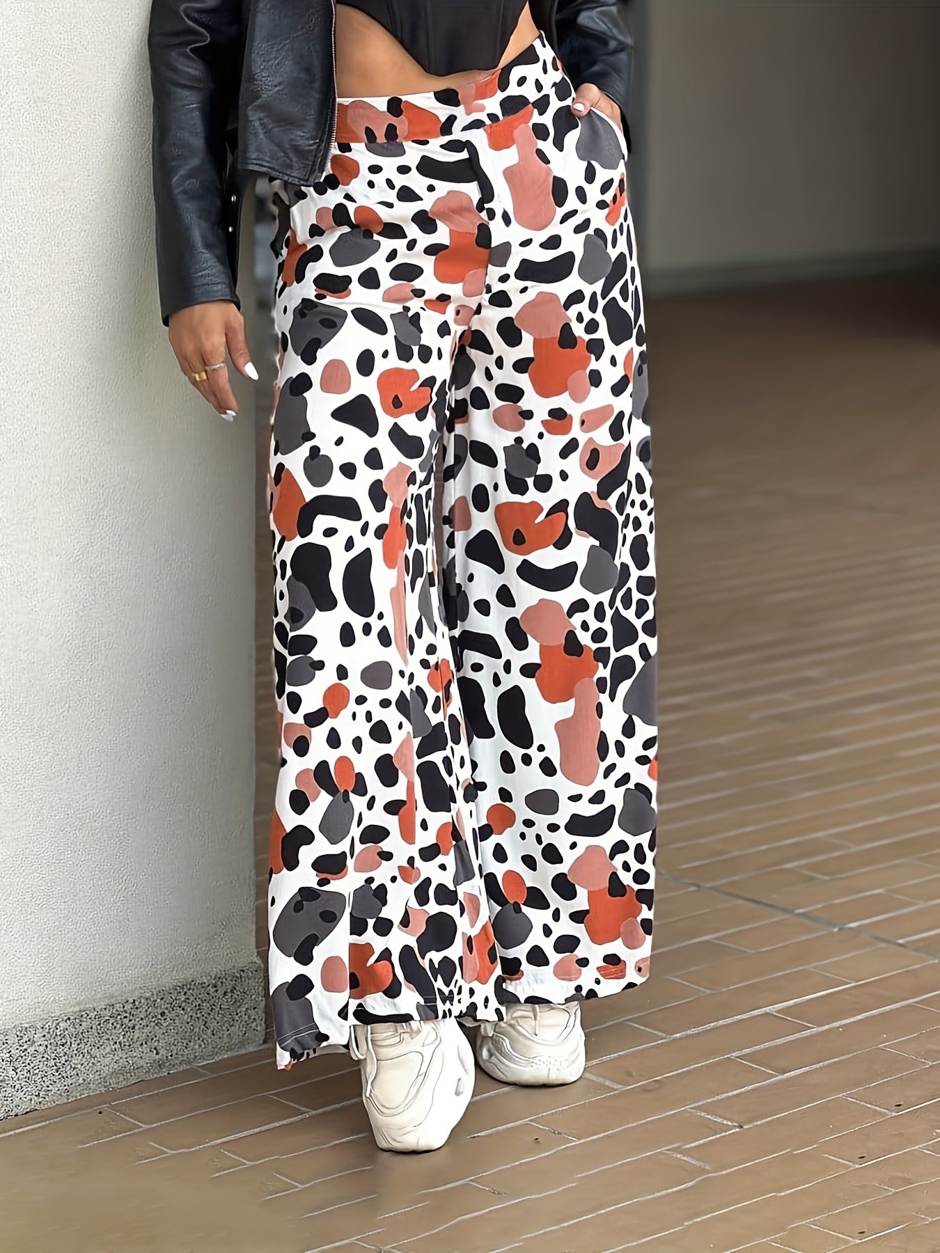  Contrast Cow Pattern High Rise Wide Leg Trousers
