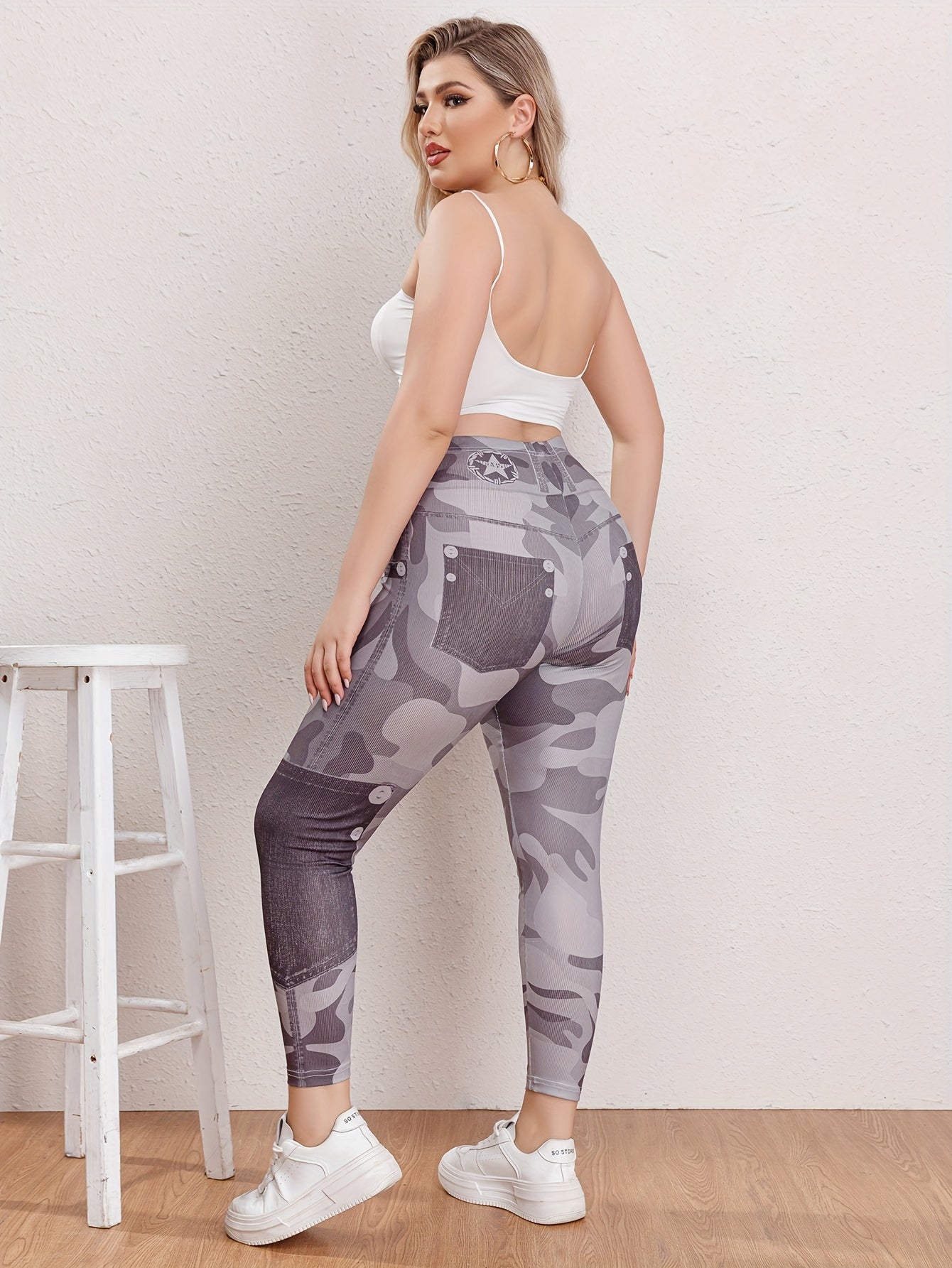 Women's Plus Camo Skinny Trousers High Rise Stretch Pants
