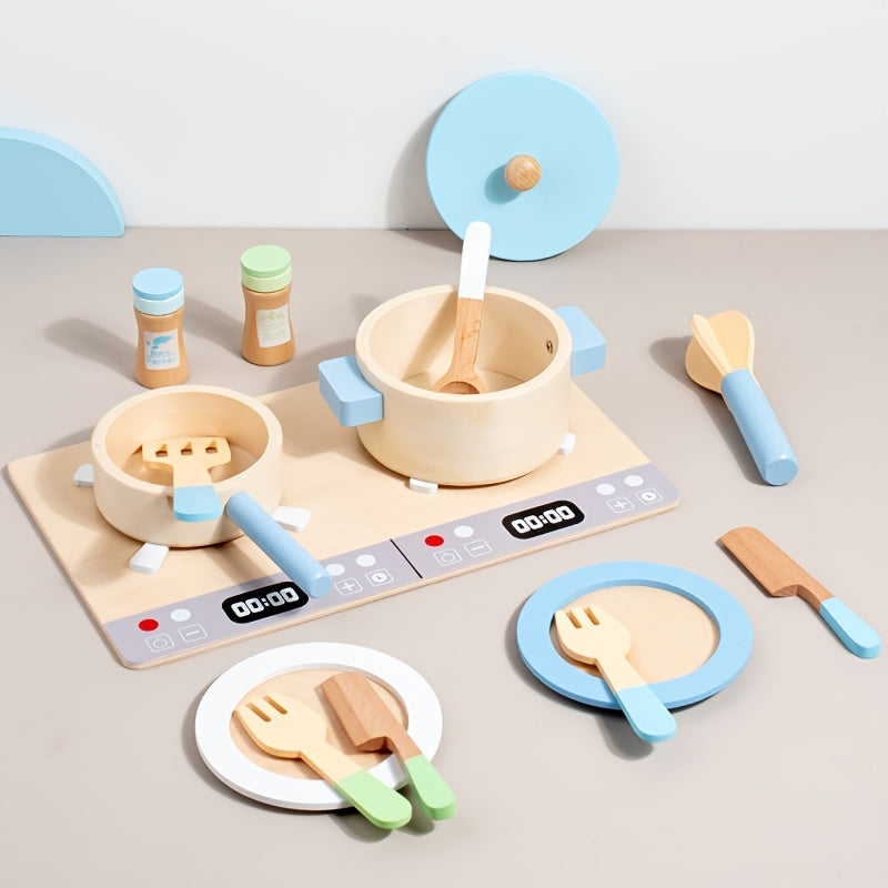 Wooden Play Kitchen Set with Plates & Utensils Kids' Cooking Toy