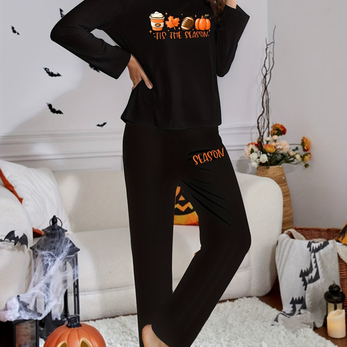 Halloween Pattern Lounge Set Long Sleeve Crew Neck Top & Elastic Waistband Pants