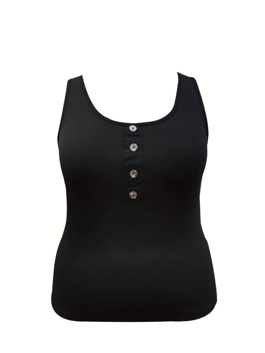 Ribbed Button Round Neck Slim Fit Tank Top