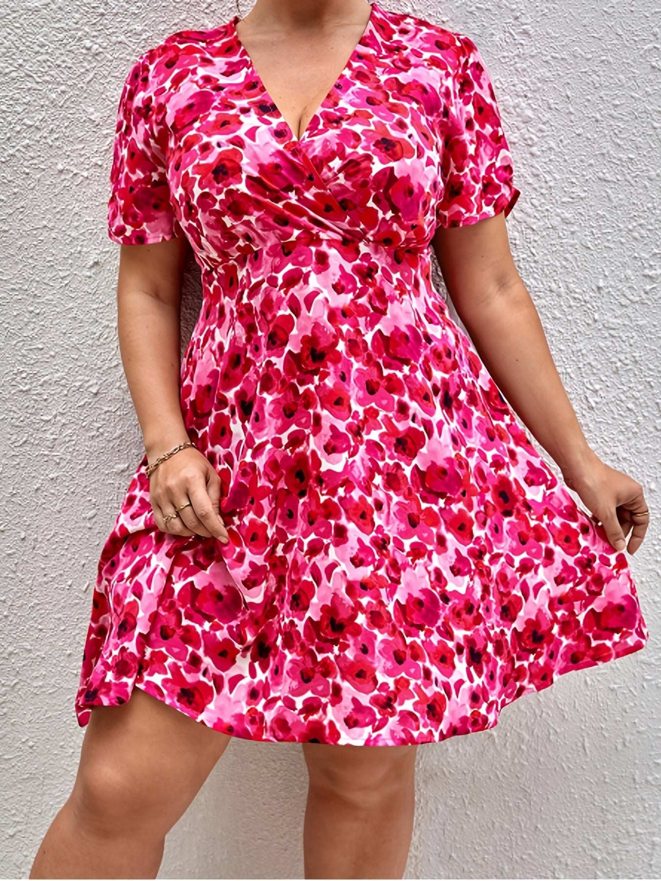  Boho Dress Women's Plus Floral Print Short Sleeve Slim Fit Dress