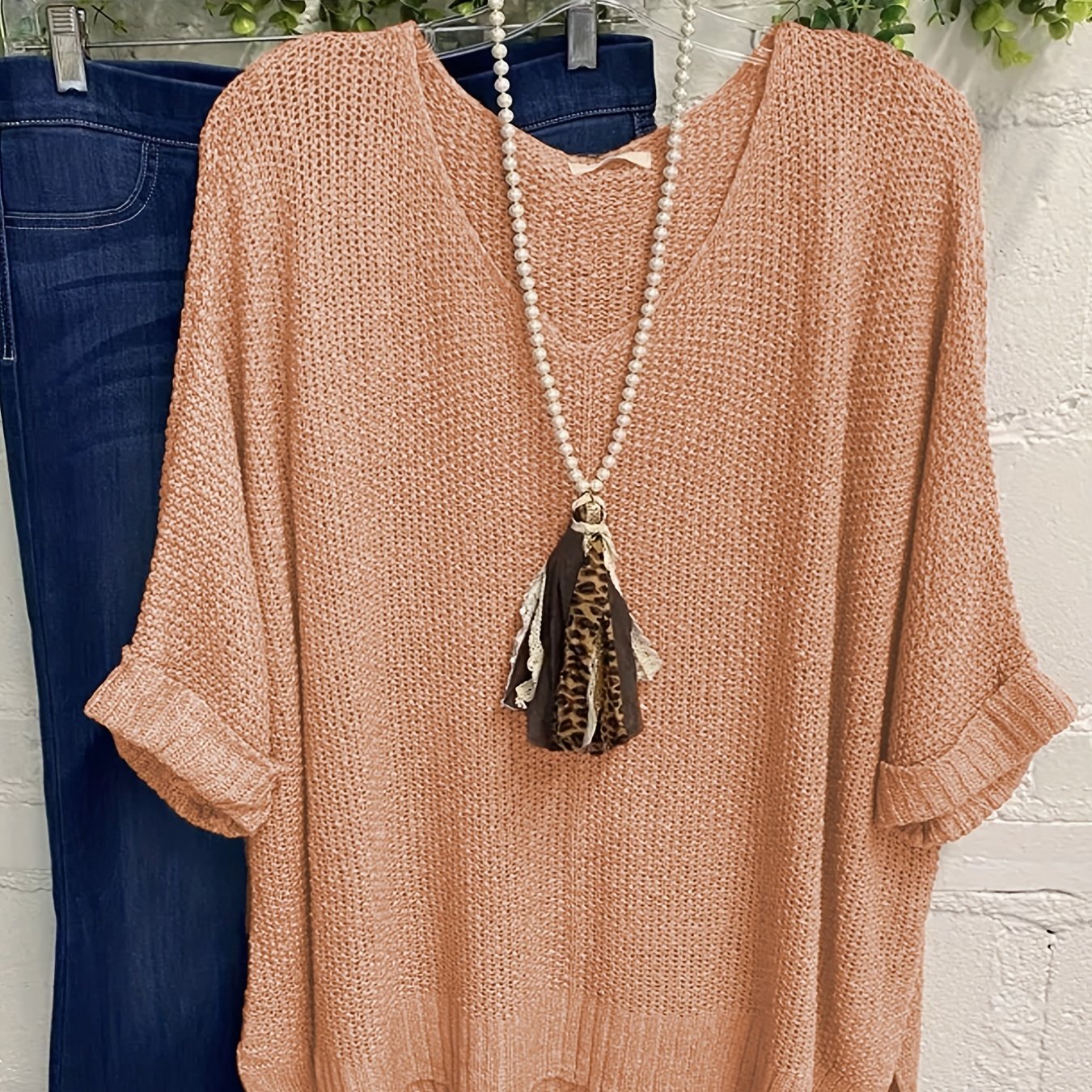  Casual Sweater Women's Solid Half Sleeve V Neck Jumper