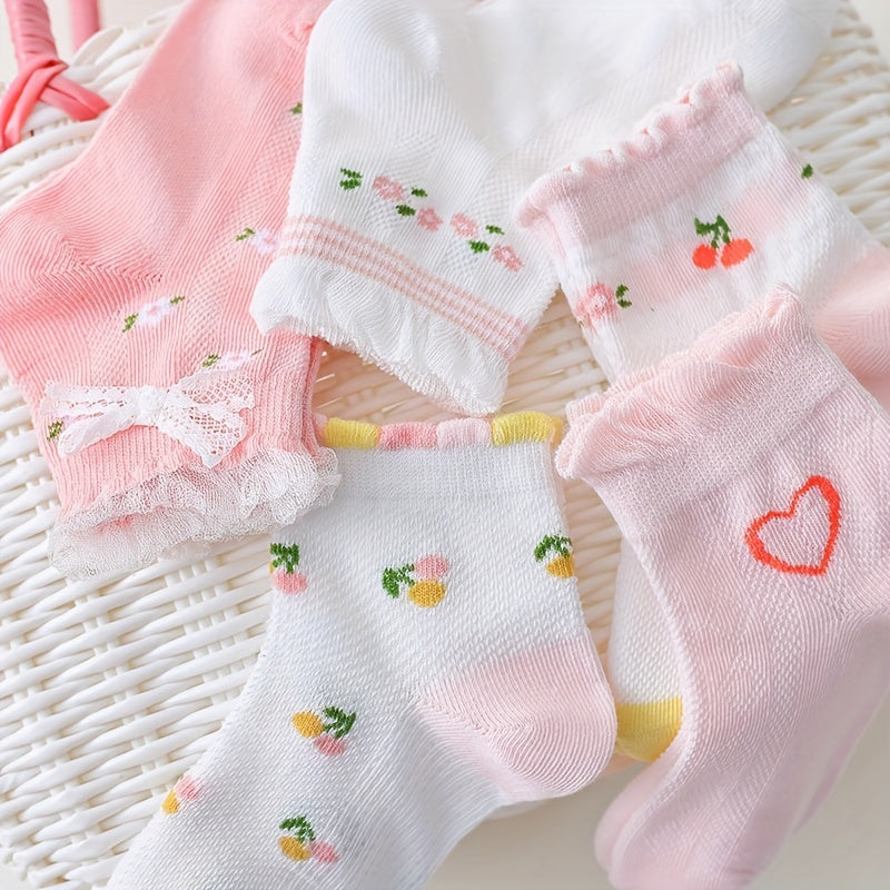 5 Pairs Girls Heart Floral Socks for Spring and Summer