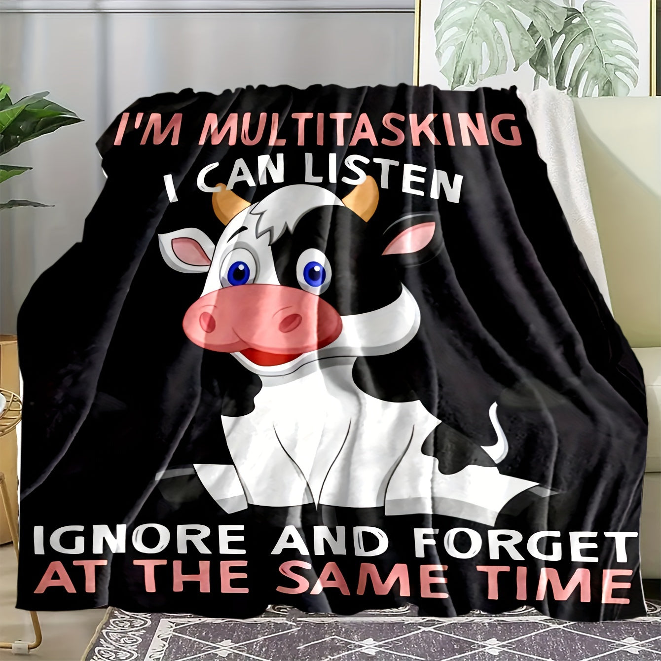 Winter Warm Flannel Cow Pattern Blanket for Home & Travel