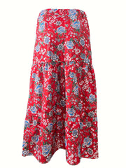  Boho Maxi Skirt, Floral Print, High Rise Smock